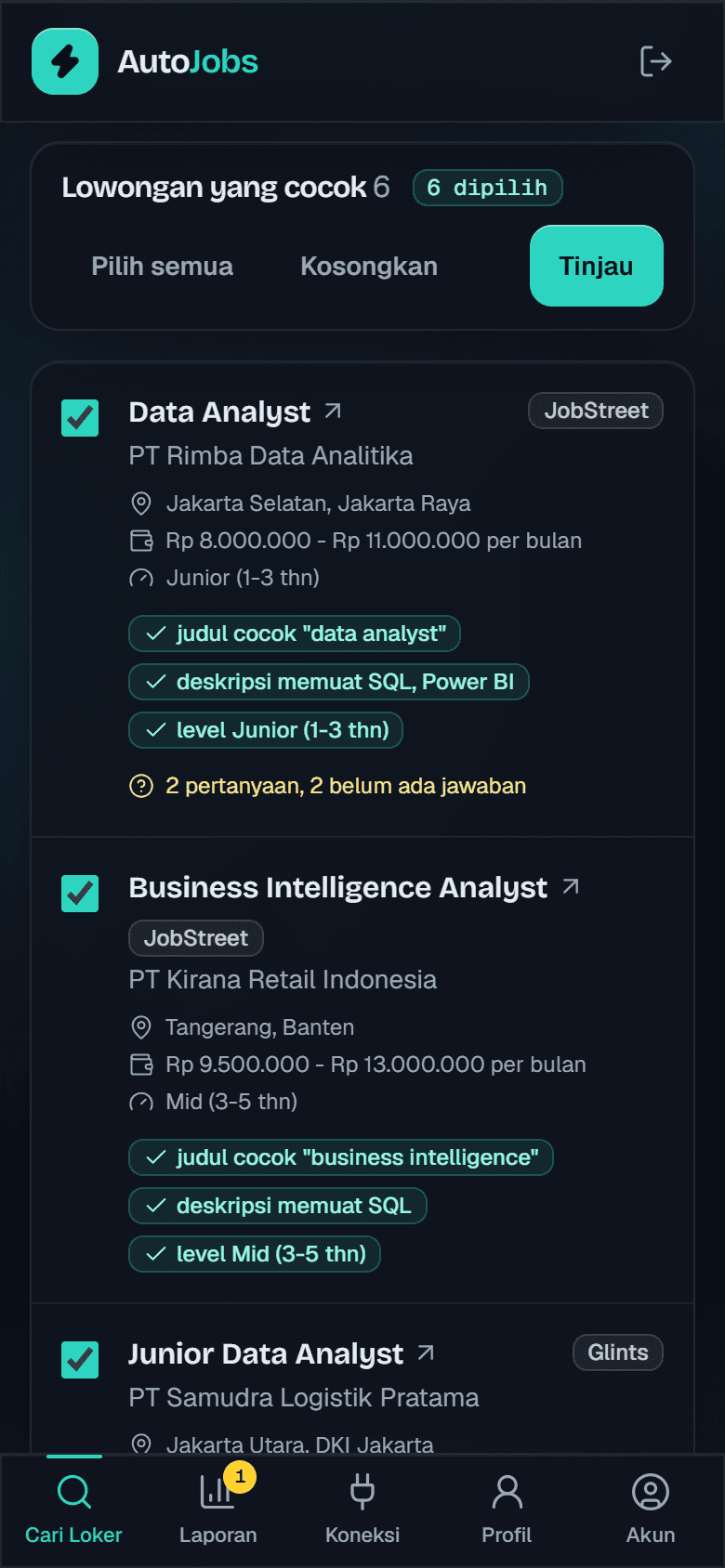 Daftar loker yang cocok di HP, lengkap dengan alasan kecocokan tiap lowongan.
